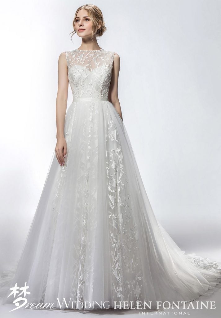 A Line Sleeveless Wedding Gown With Illusion Back Style Hfw2739 Silhouette A Line Neckline Bateau Sheer Sleeve Type Sleeveless Back Zipper Train Length Chapel Fabric Lace Tulle Colour White Body