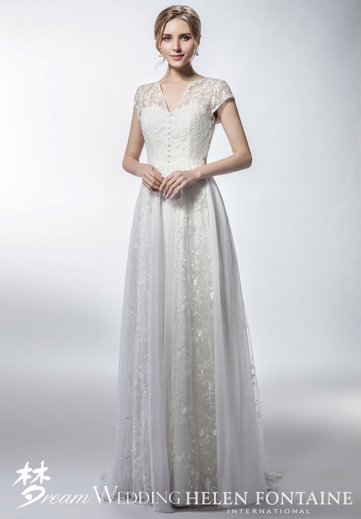 Modest Lace Chiffon Long Wedding Dress With Cap Sleeves